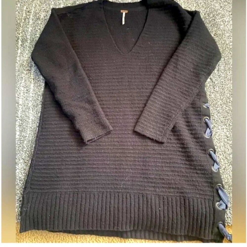 Free People Tunic Sweater With Side Lace Black